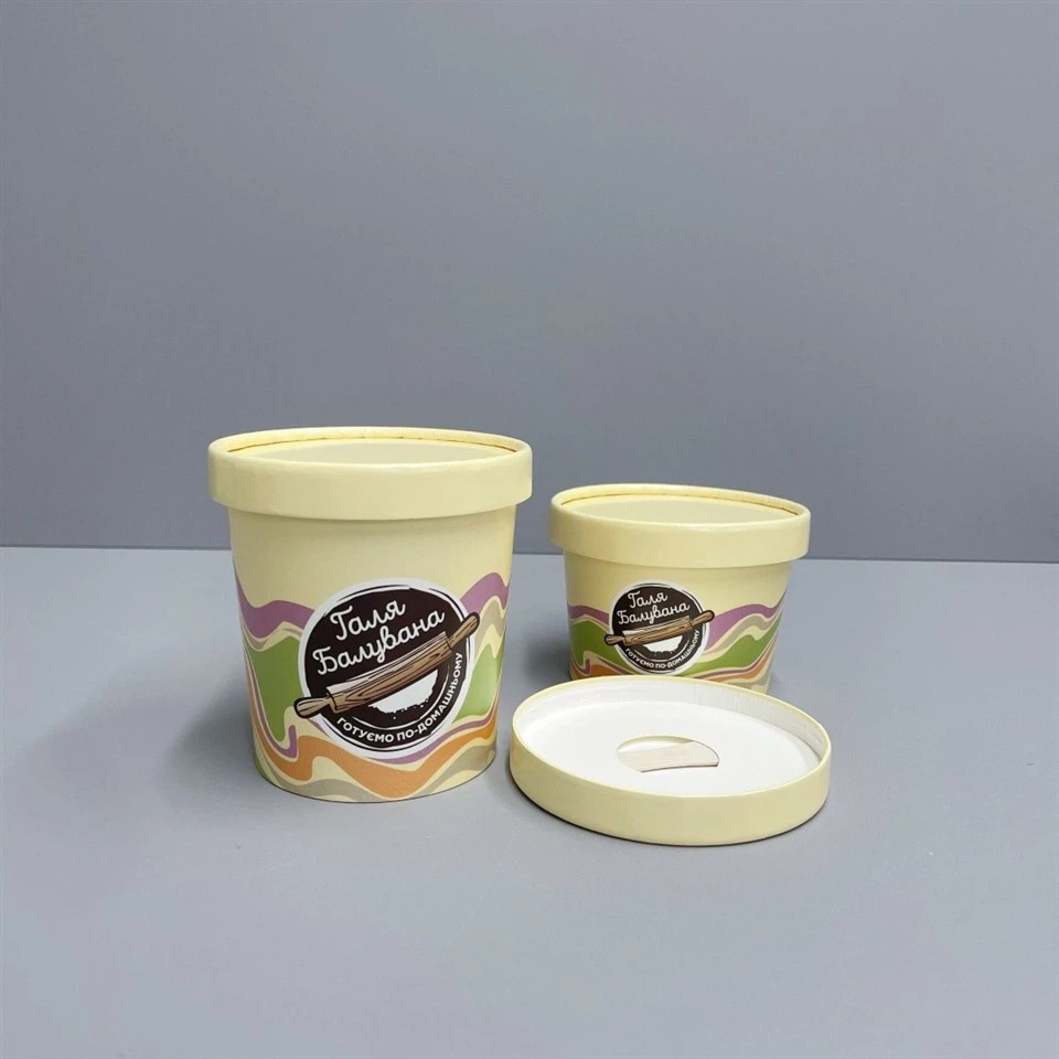 90mm Diameter 8oz Ice Cream Cup With Paper Lid And Wooden Spoon Inserted factory